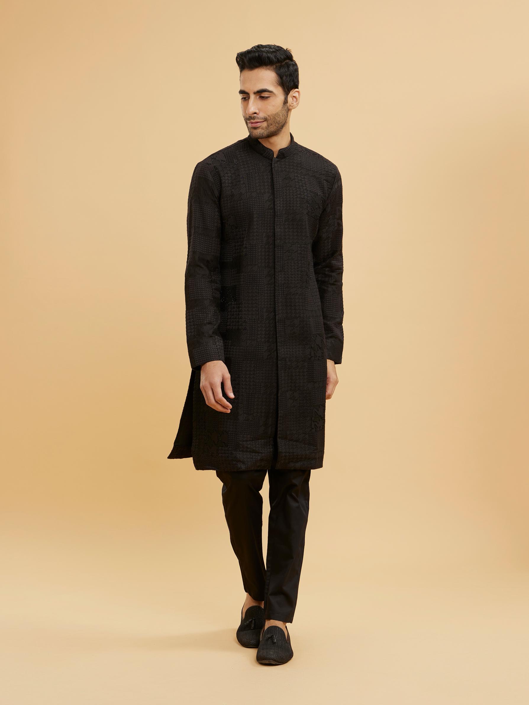 Twamev Men Charcoal Black Self Patterned Kurta Set with Shimmery Highlights