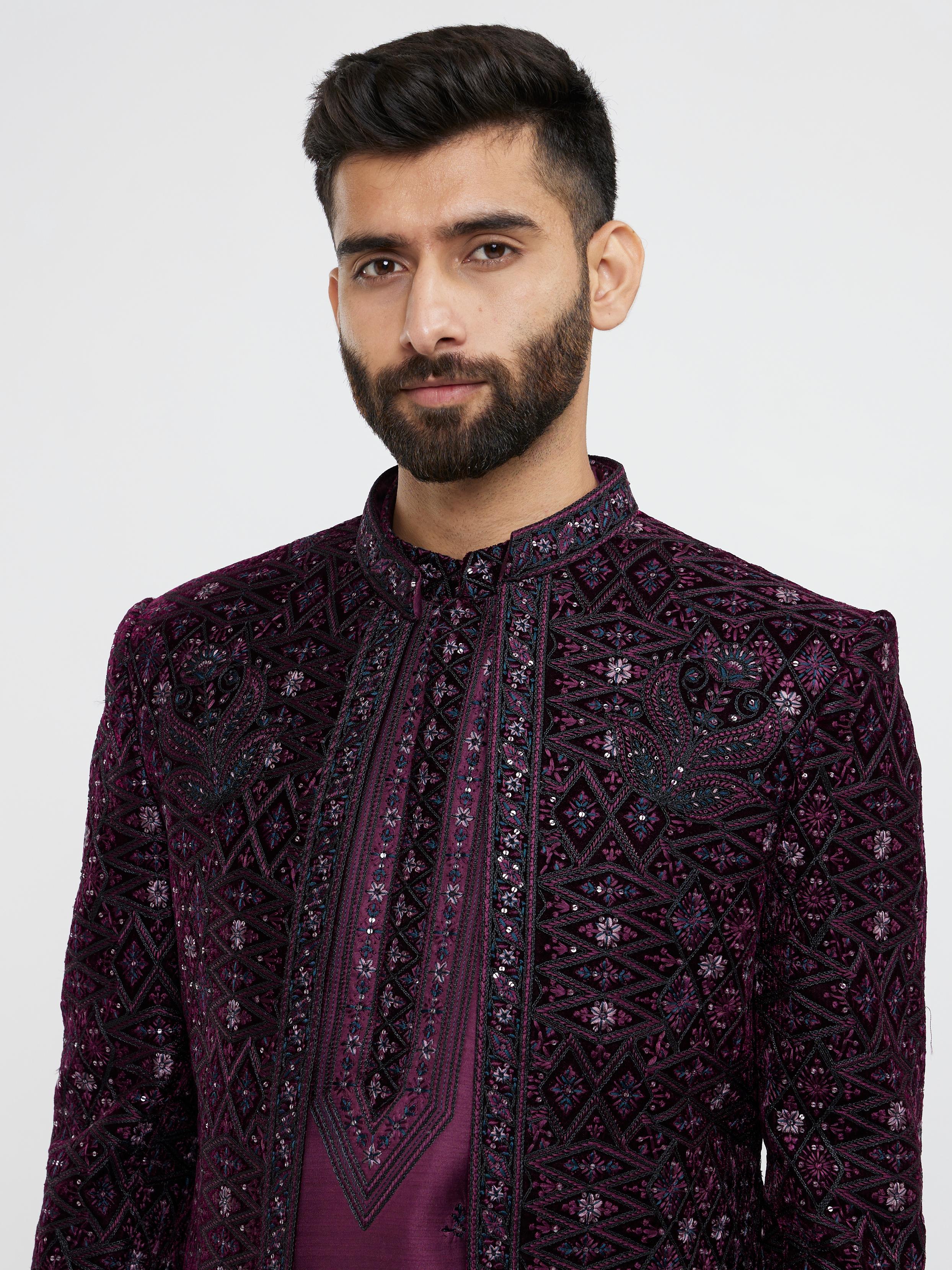 Twamev Men Wine Red Sherwani Set with Geometric Patterns and Rhinestones