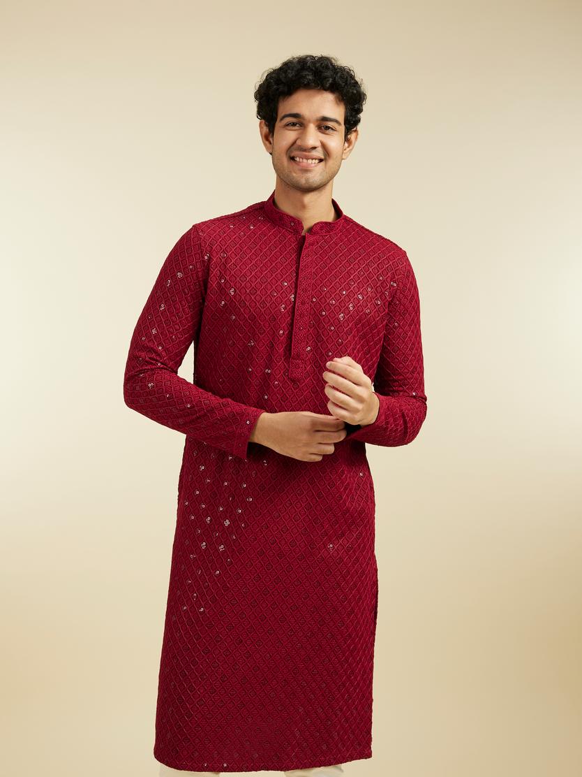 Diwas Men Maroon Red Chikankari Kurta With Sequins