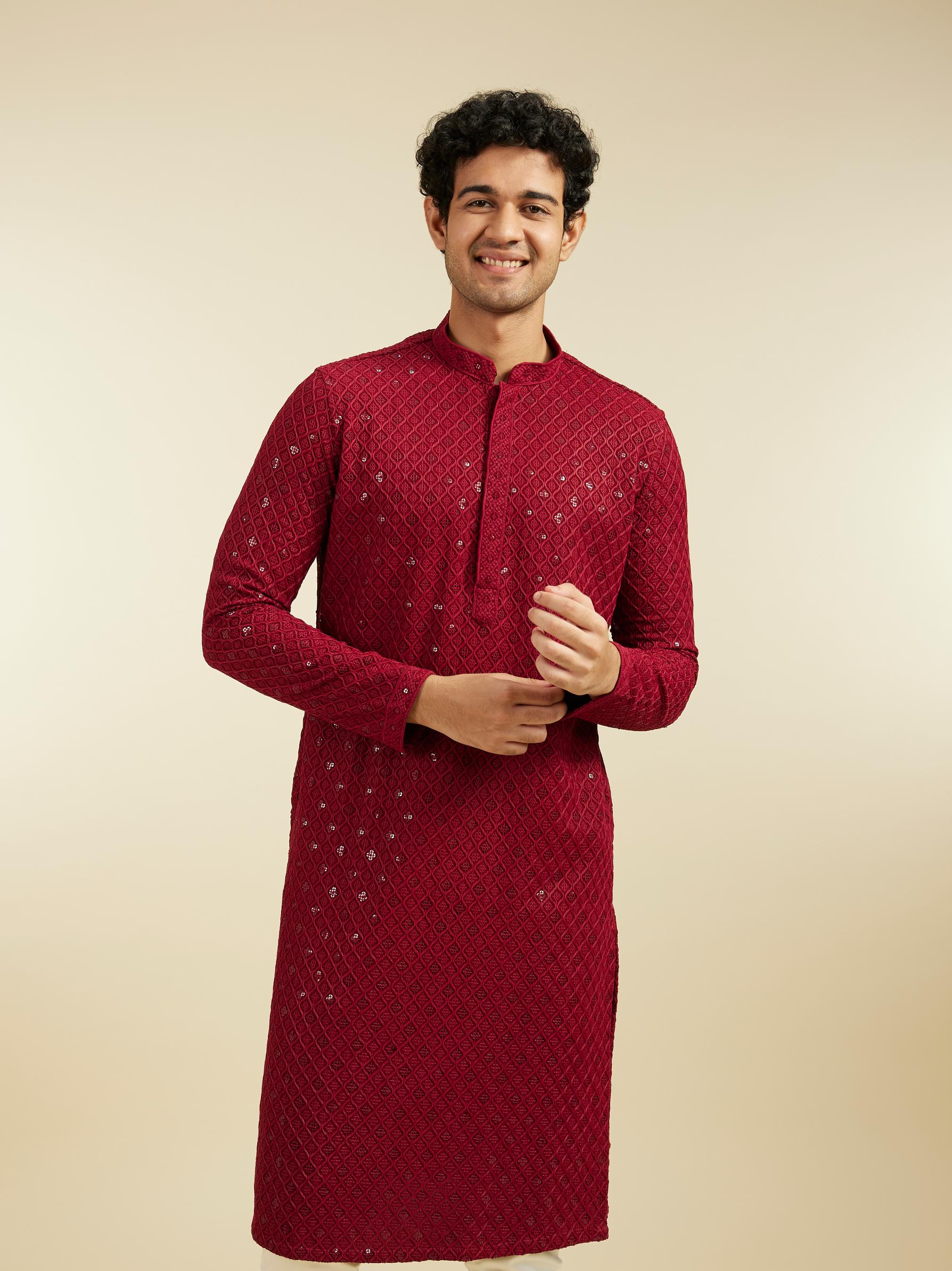 Diwas Men Maroon Red Chikankari Kurta With Sequins
