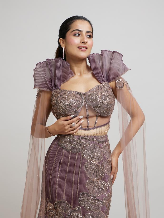 Twamev Women Enchanting Brown Organza Lehenga