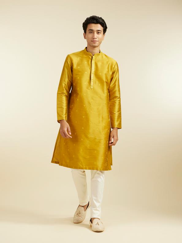 Diwas Men Mustard Yellow Buta Embroidered Kurta with Mirror Work