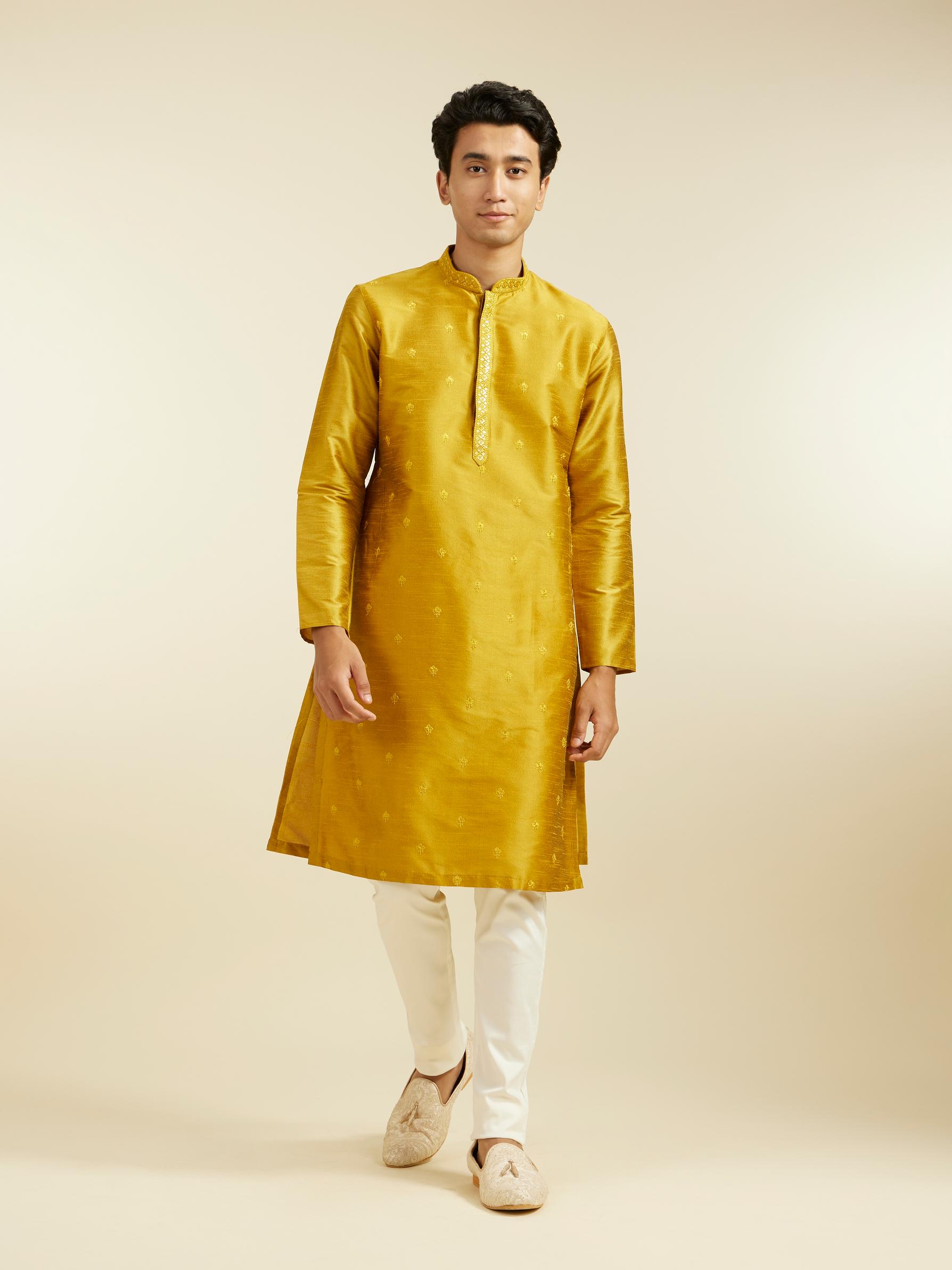 Diwas Men Mustard Yellow Buta Embroidered Kurta with Mirror Work