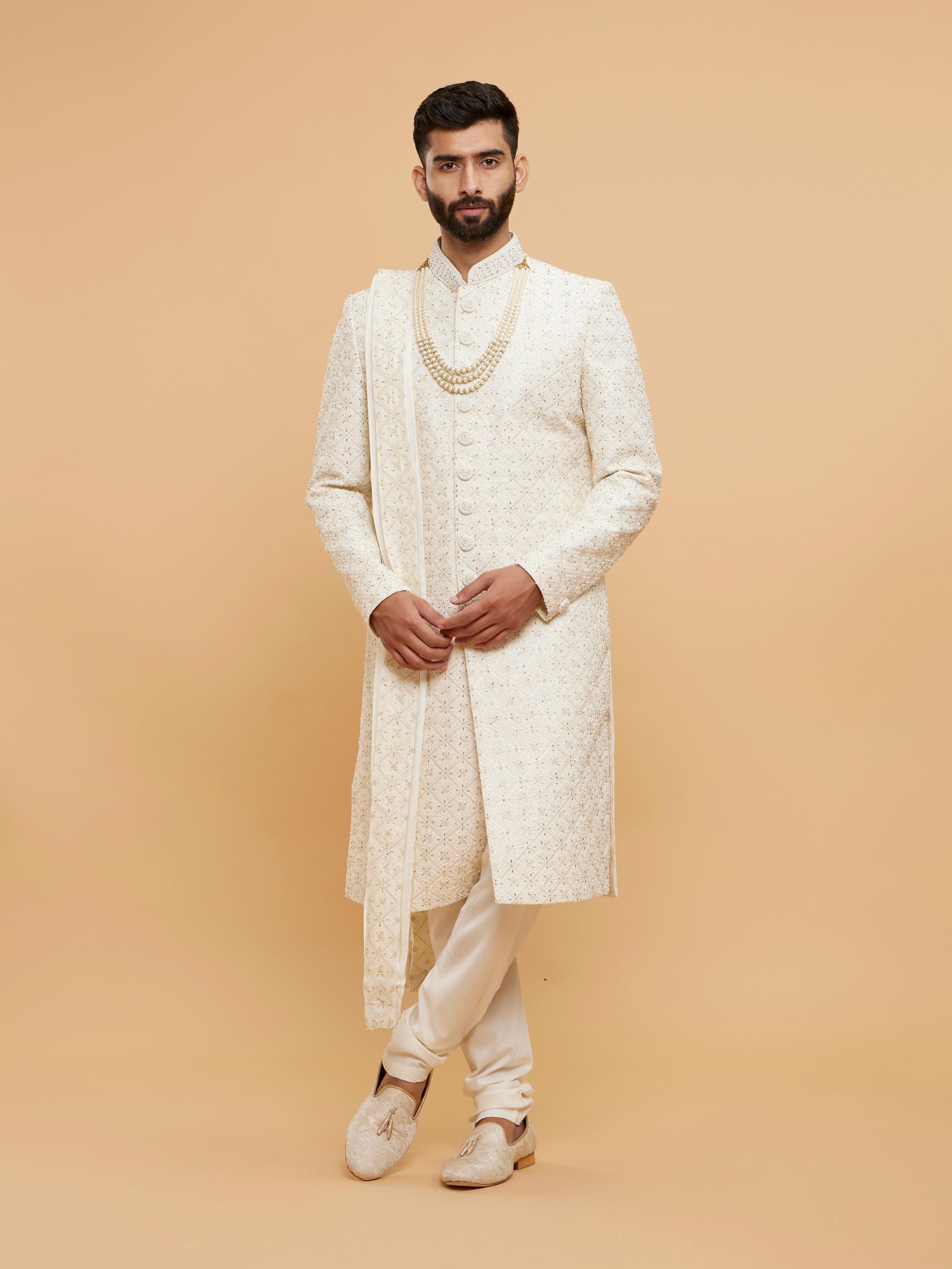 Twamev Men Warm White Grid Patterned Sherwani Set with Sequin Embellishments