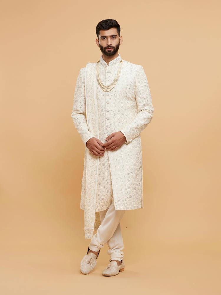 Twamev Men Warm White Grid Patterned Sherwani Set with Sequin Embellishments