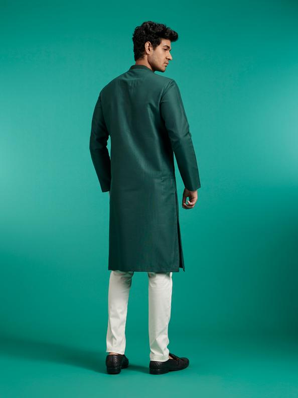 Diwas Men Bottle Green Plain Classic Kurta with Textured Neckline