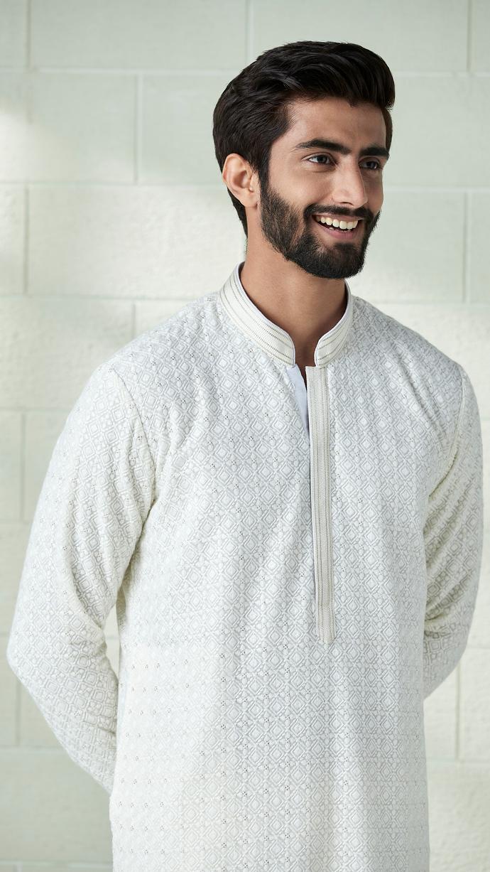 Twamev Men Daisy White Chikankari Kurta Set
