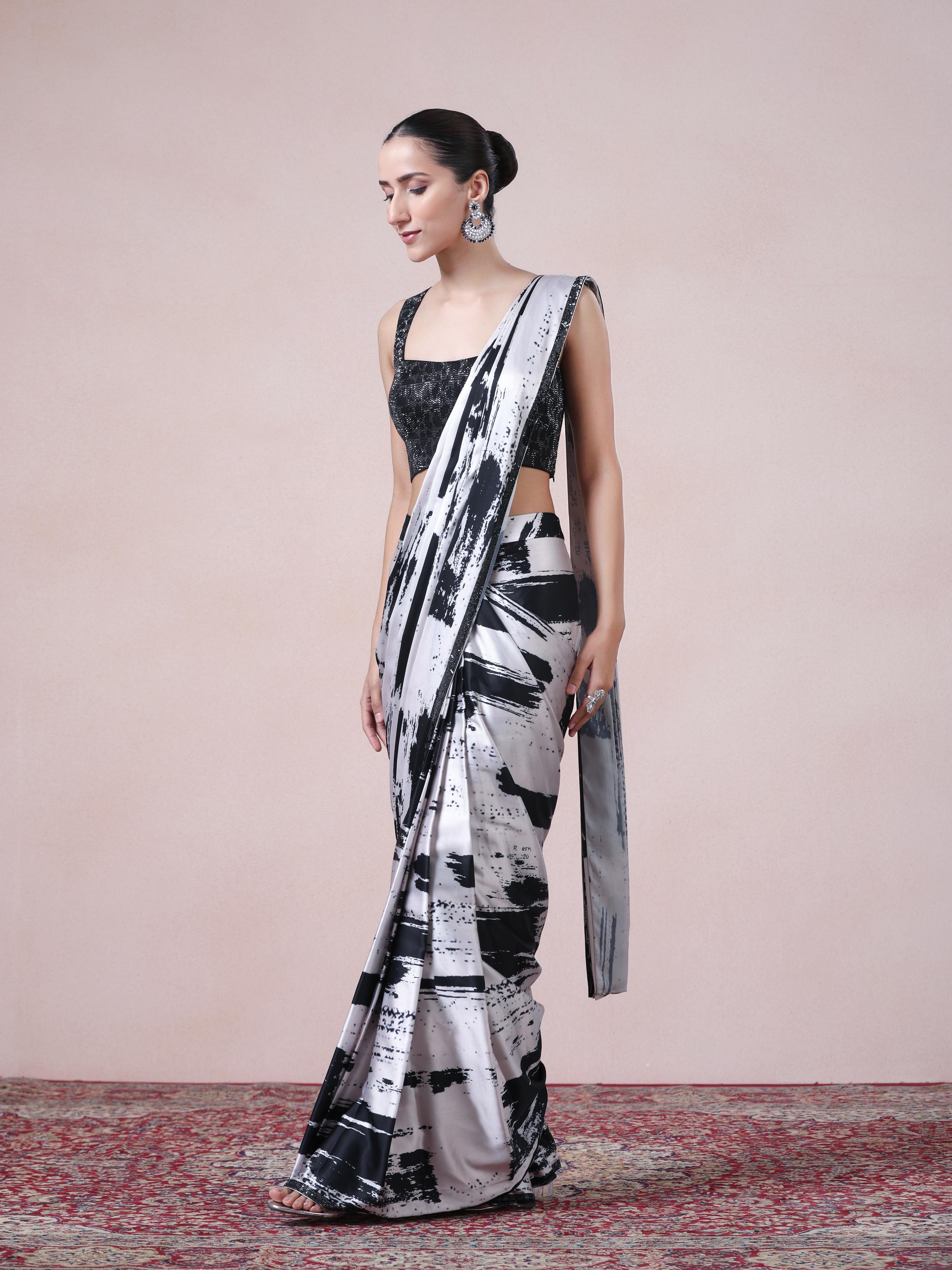 Twamev Women Black and Cream Fusion Satin Saree