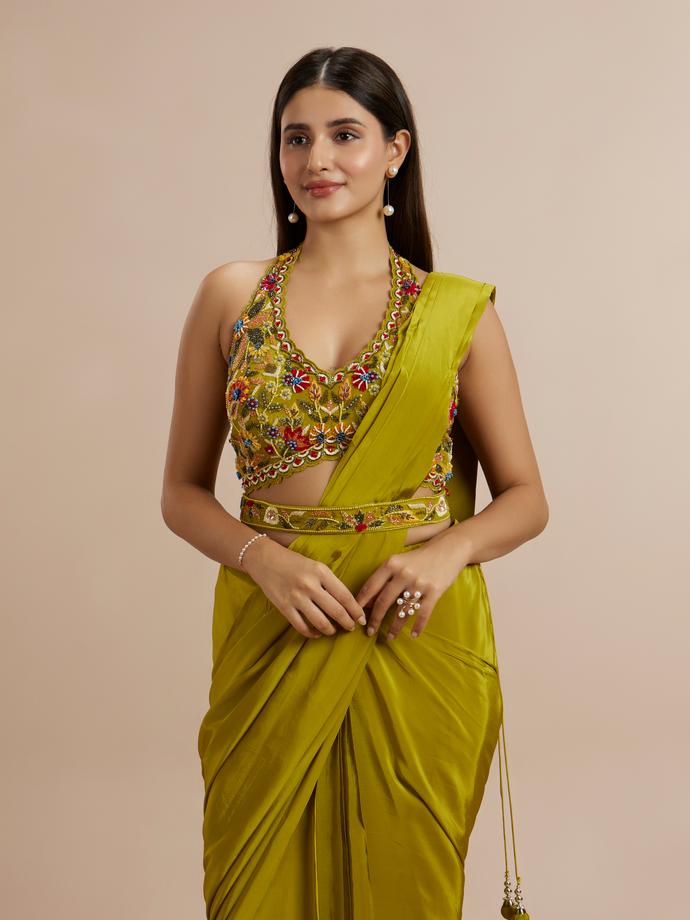 Twamev Women Elegant Green Satin Saree