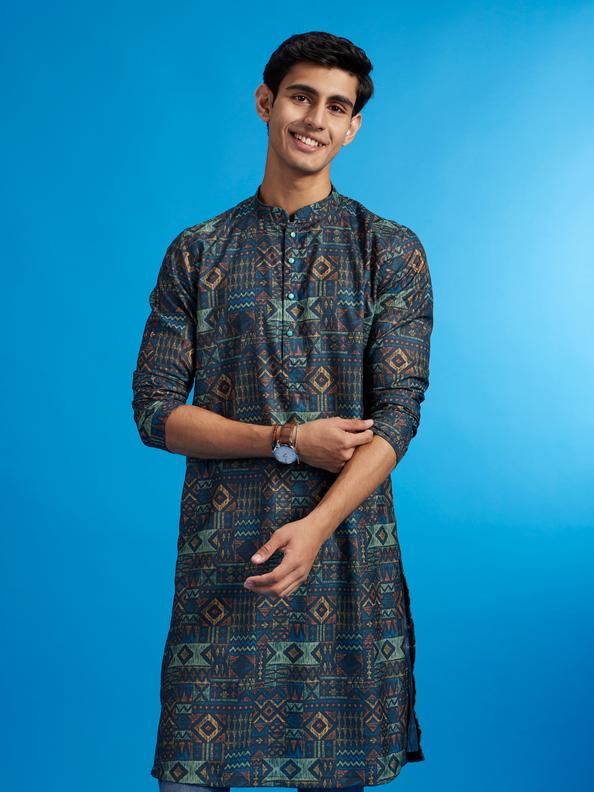 Diwas Men Teal Blue Aztec Printed Kurta