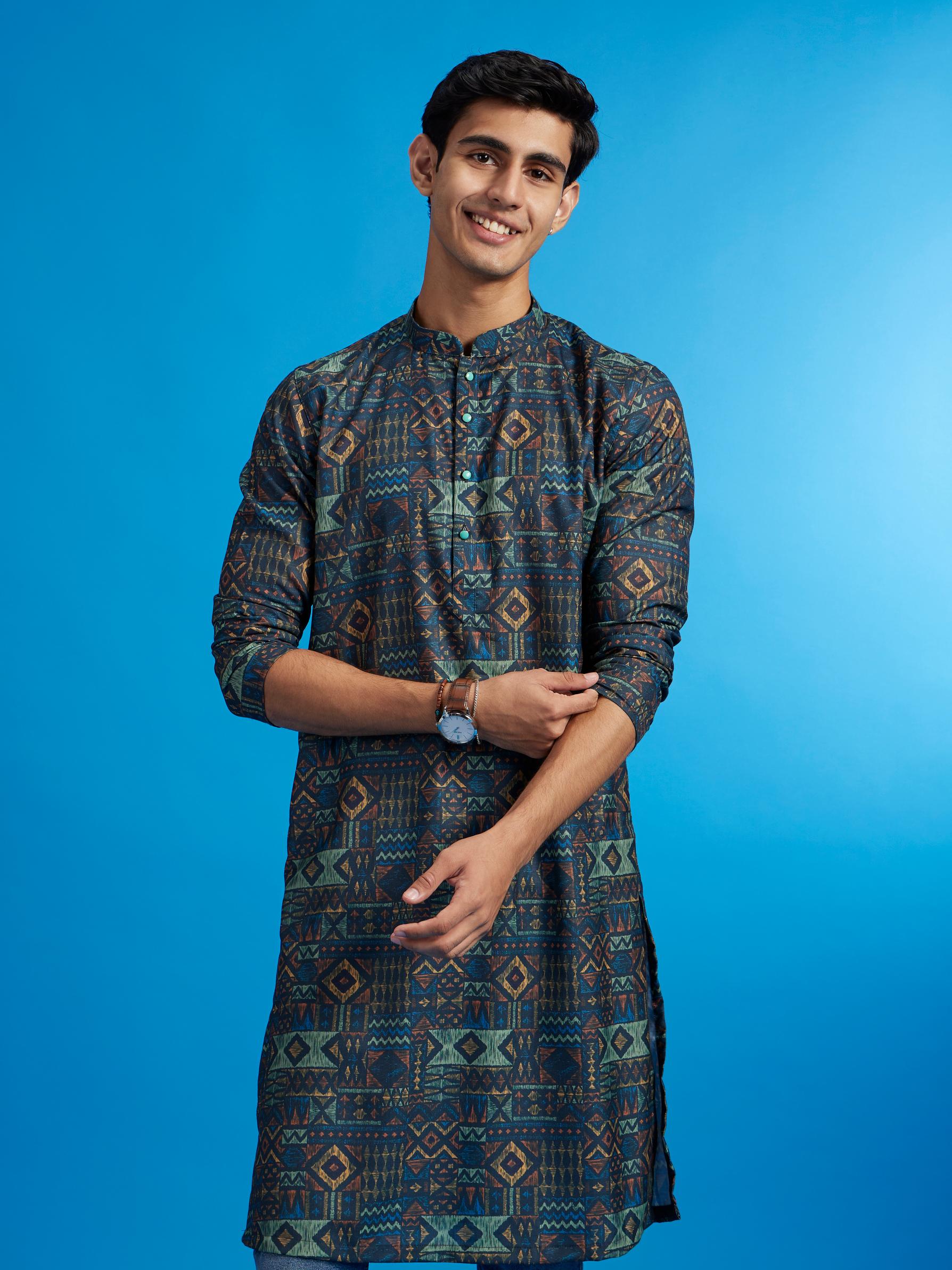 Diwas Men Teal Blue Aztec Printed Kurta