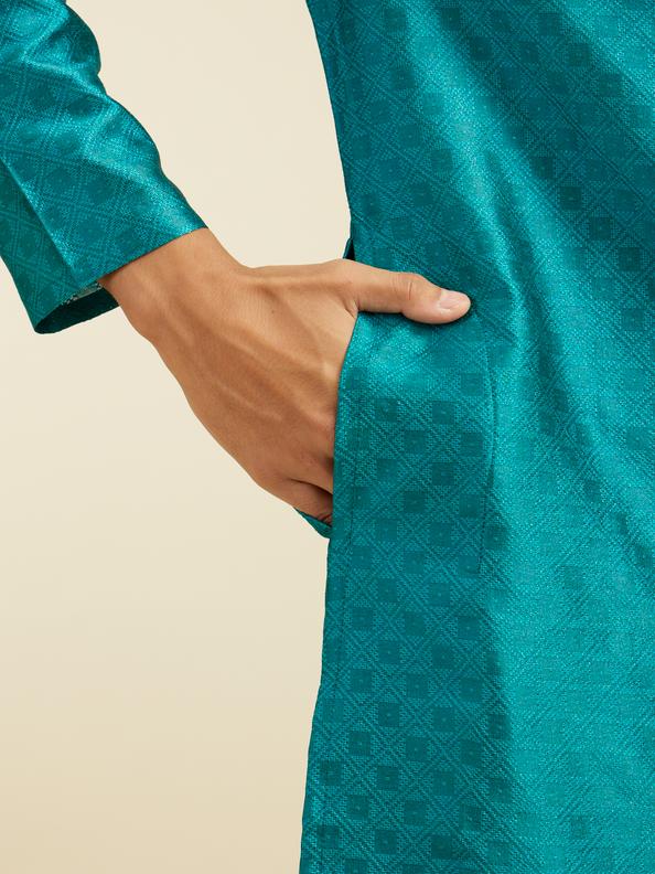 Diwas Men Teal Green Lattice Patterned Kurta