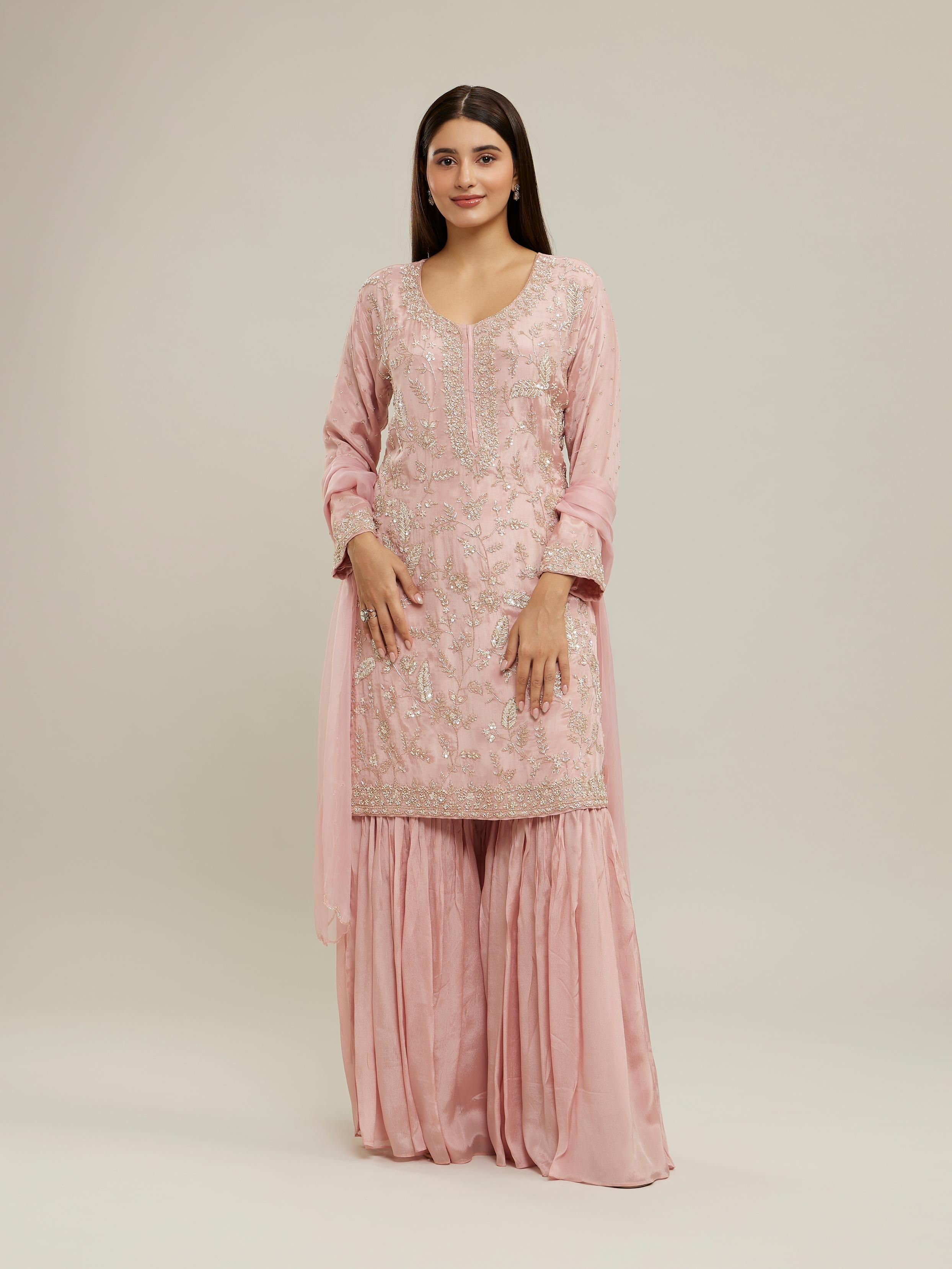 Twamev Women Glowing Pink Sharara Set Stitched Suit