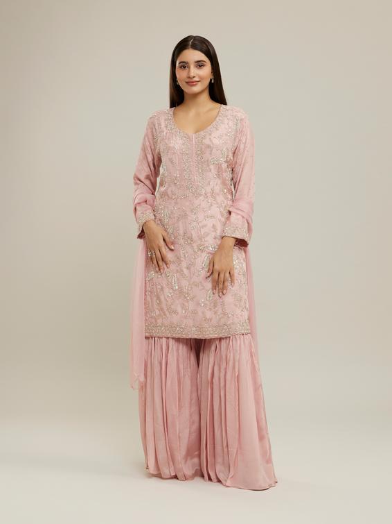 Twamev Women Glowing Pink Sharara Set Stitched Suit