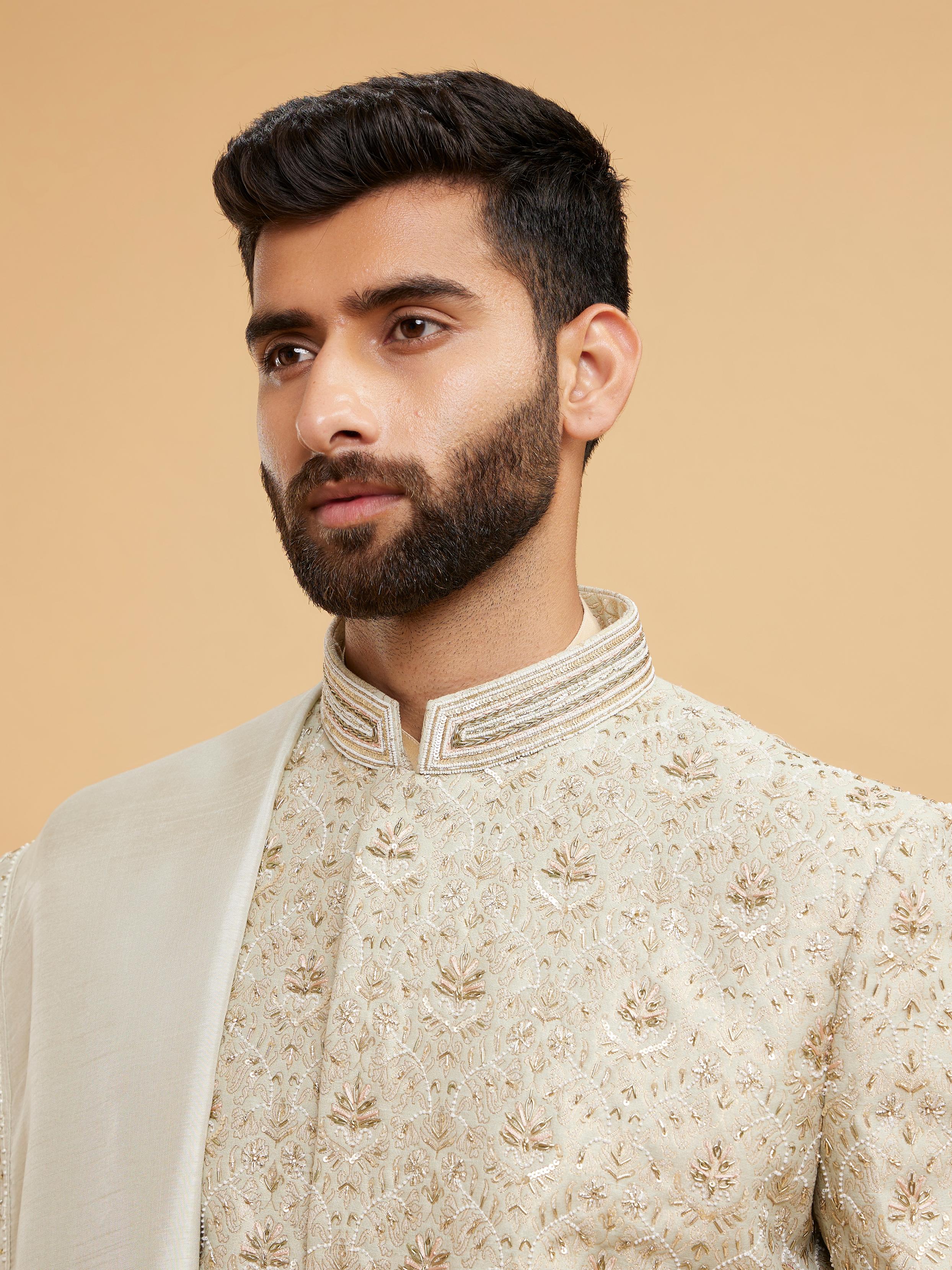 Twamev Men Pista Green Brocade Masterpiece Sherwani