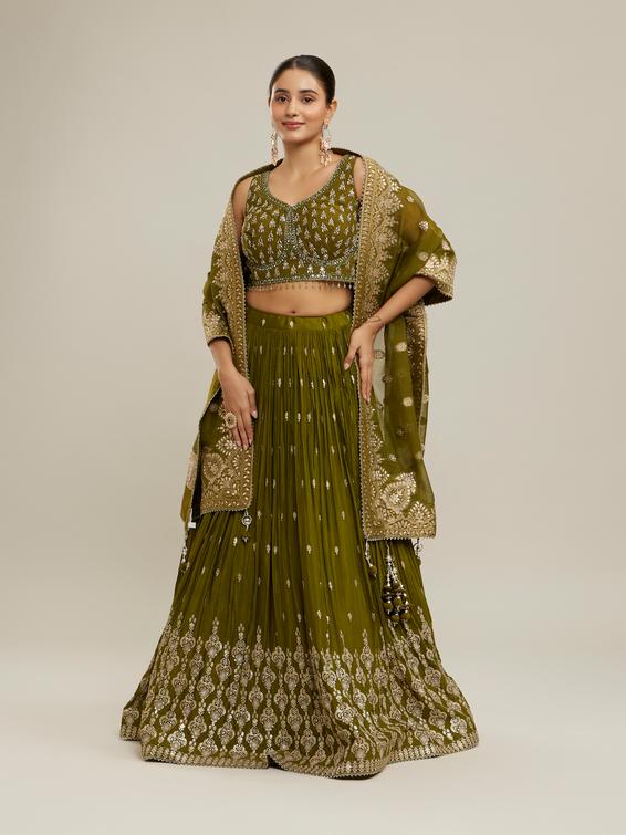 Twamev Women Majestic Mehandi Green Lehenga Set