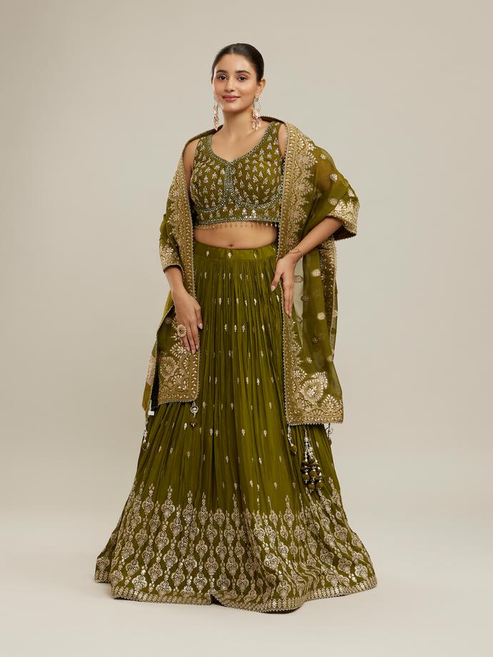 Twamev Women Majestic Mehandi Green Lehenga Set