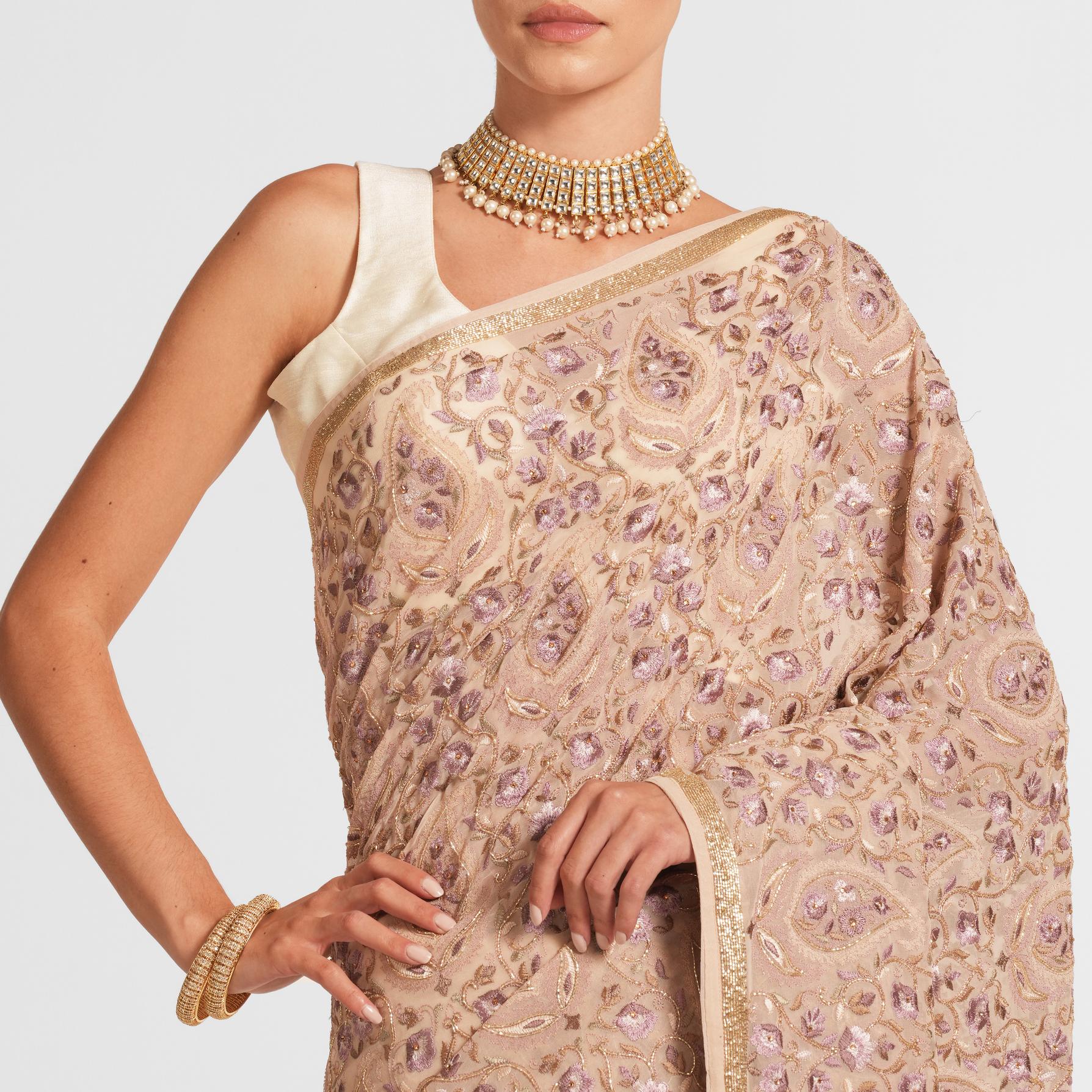 Twamev Women Ethereal Georgette Cream Saree