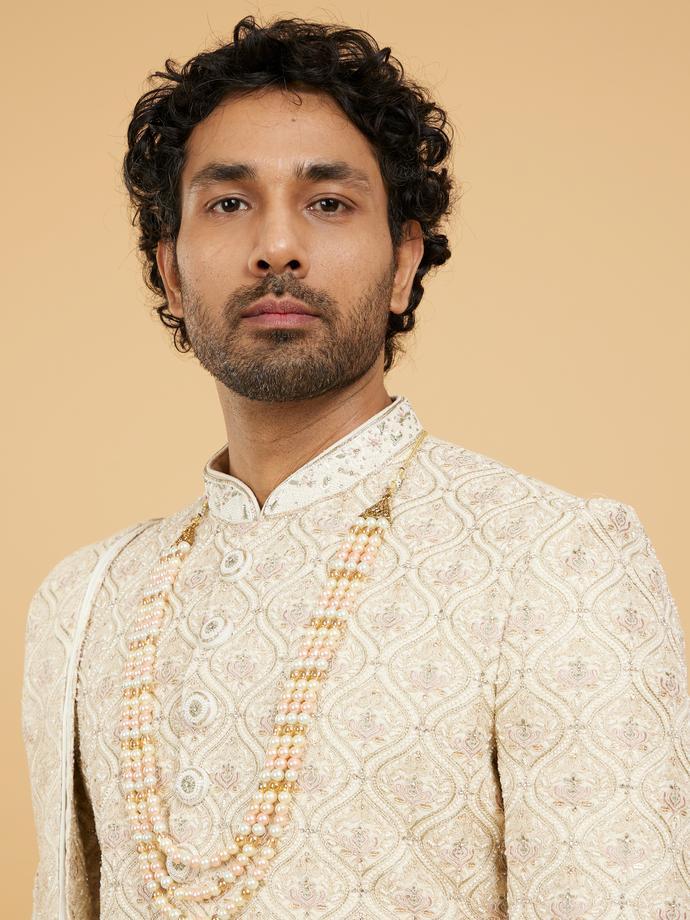 Twamev Men Beige Sherwani Set with Pink Highlights
