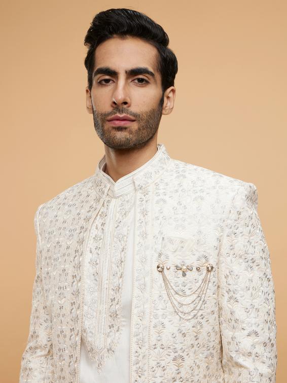Twamev Men Warm White Bel Buti Embroidered Sherwani Set