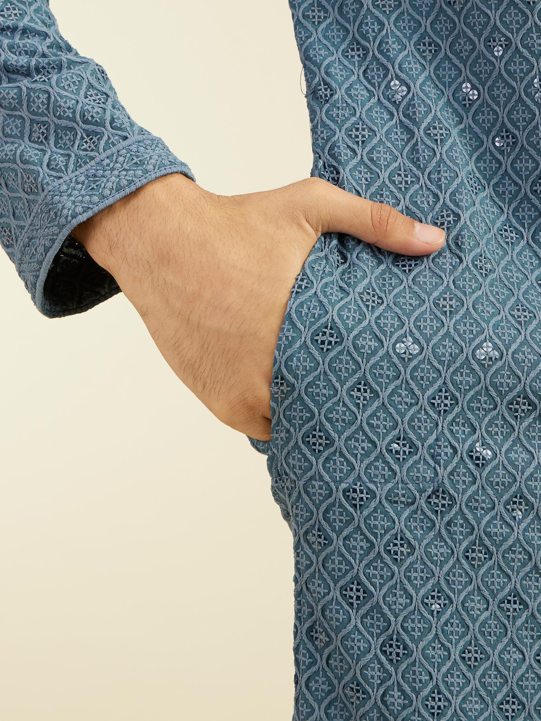 Diwas Men Oxford Blue Chikankari Kurta With Sequins
