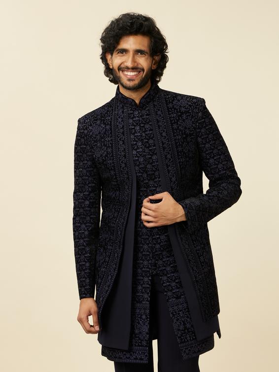 Twamev Men Dark Blue Scallop Shell Patterned Indo Western Set