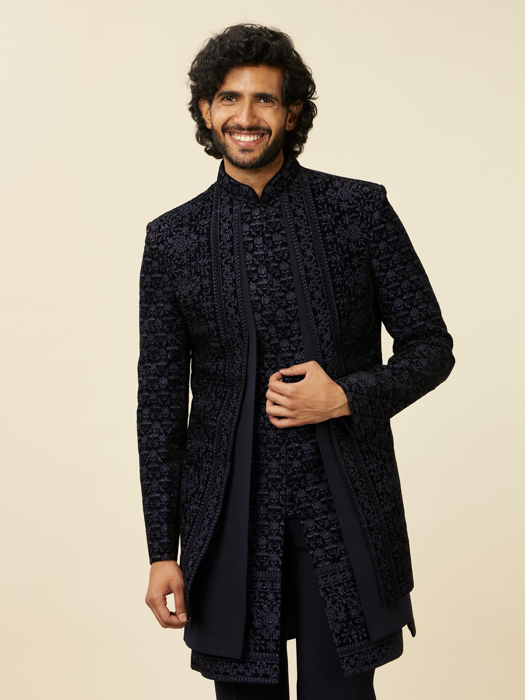 Twamev Men Dark Blue Scallop Shell Patterned Indo Western Set