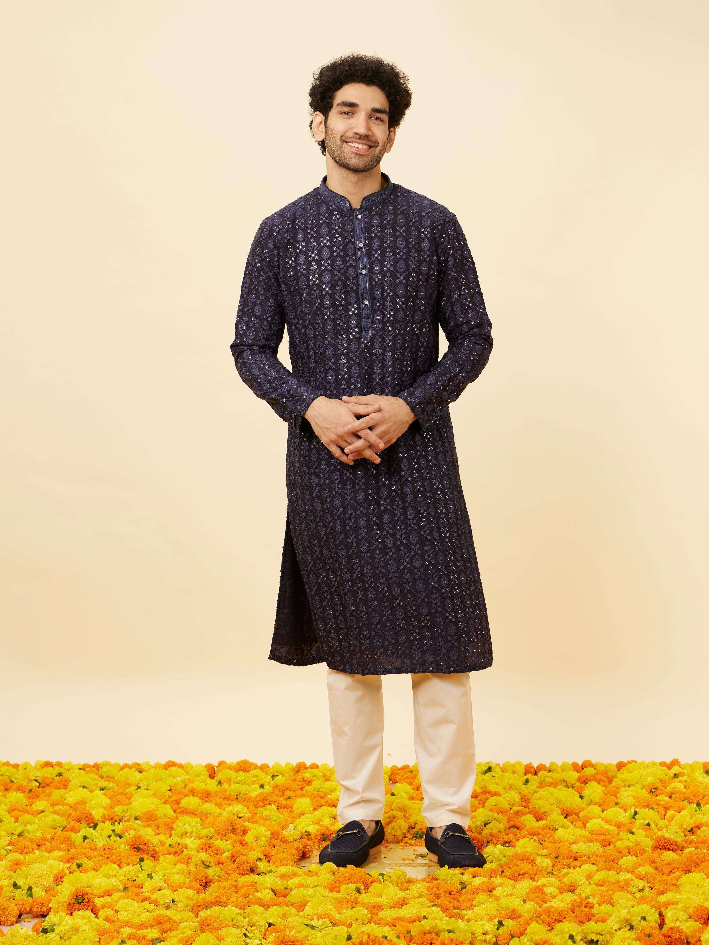 Twamev Men Navy Blue Sequined Shankh Motif Kurta Set