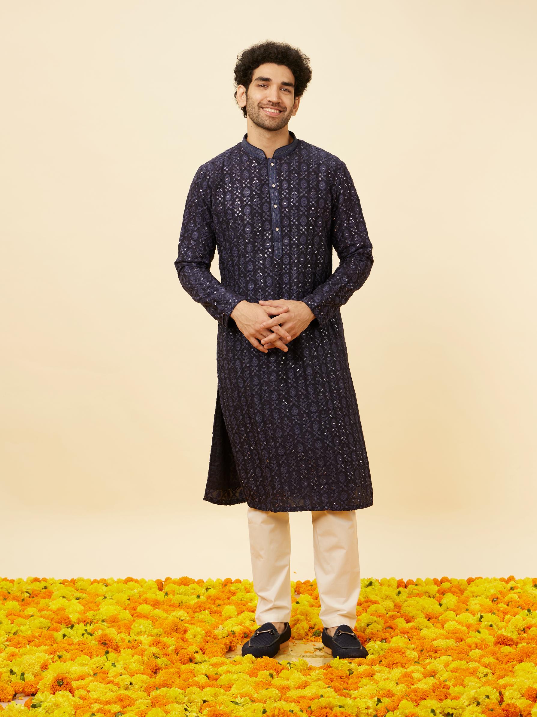 Twamev Men Navy Blue Sequined Shankh Motif Kurta Set