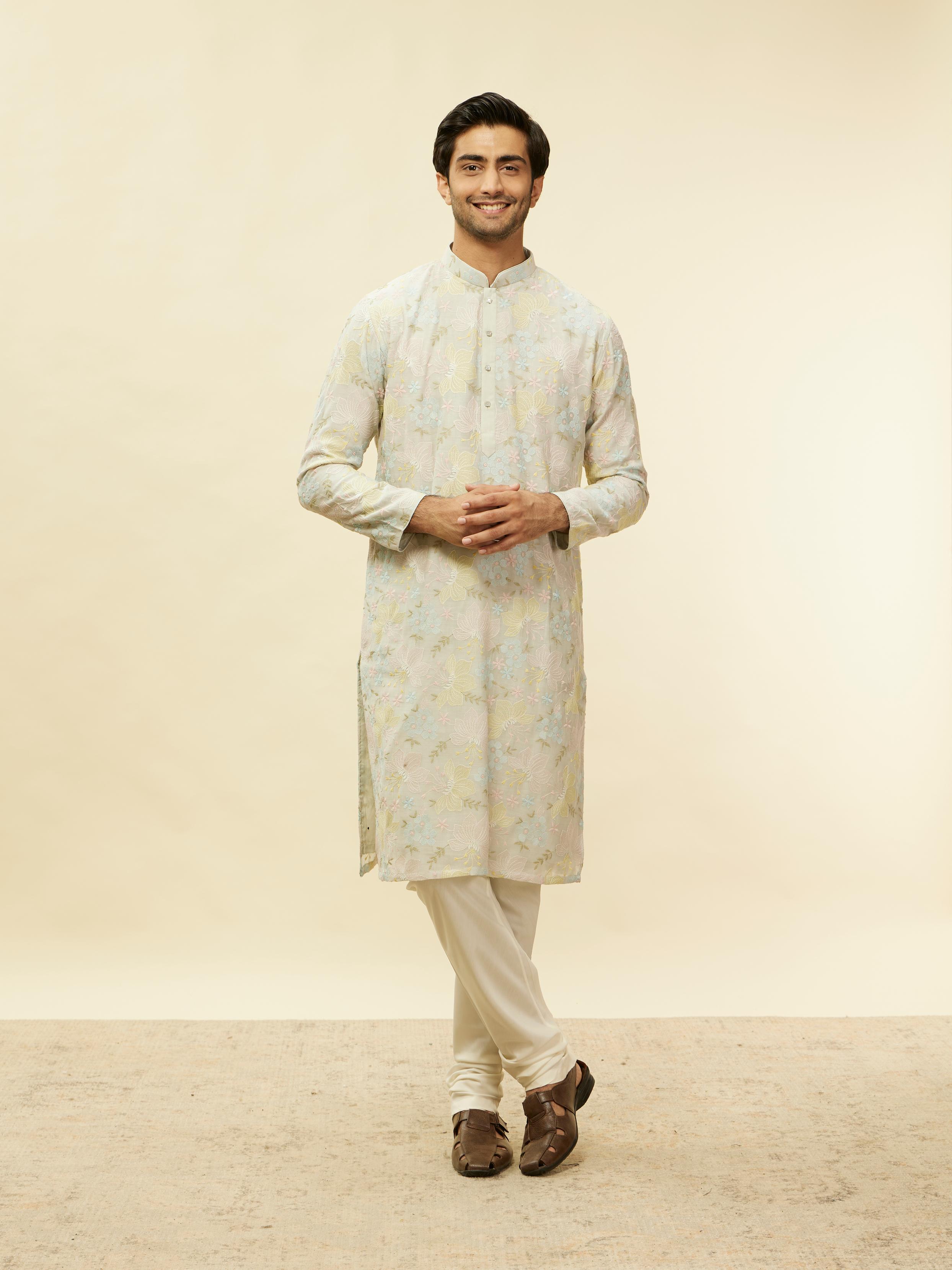 Twamev Men Soft Floral Grey Kurta Set
