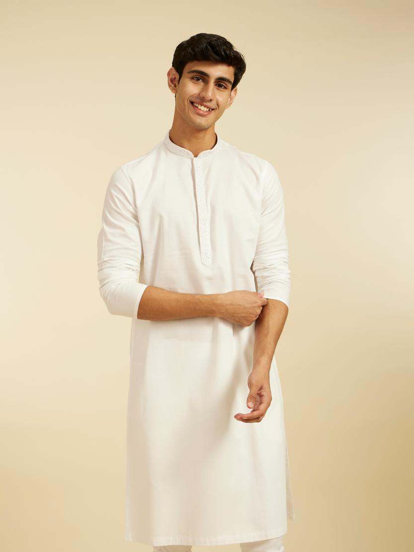 Diwas Men Ice White Plain Classic Kurta with Embroidered Placket