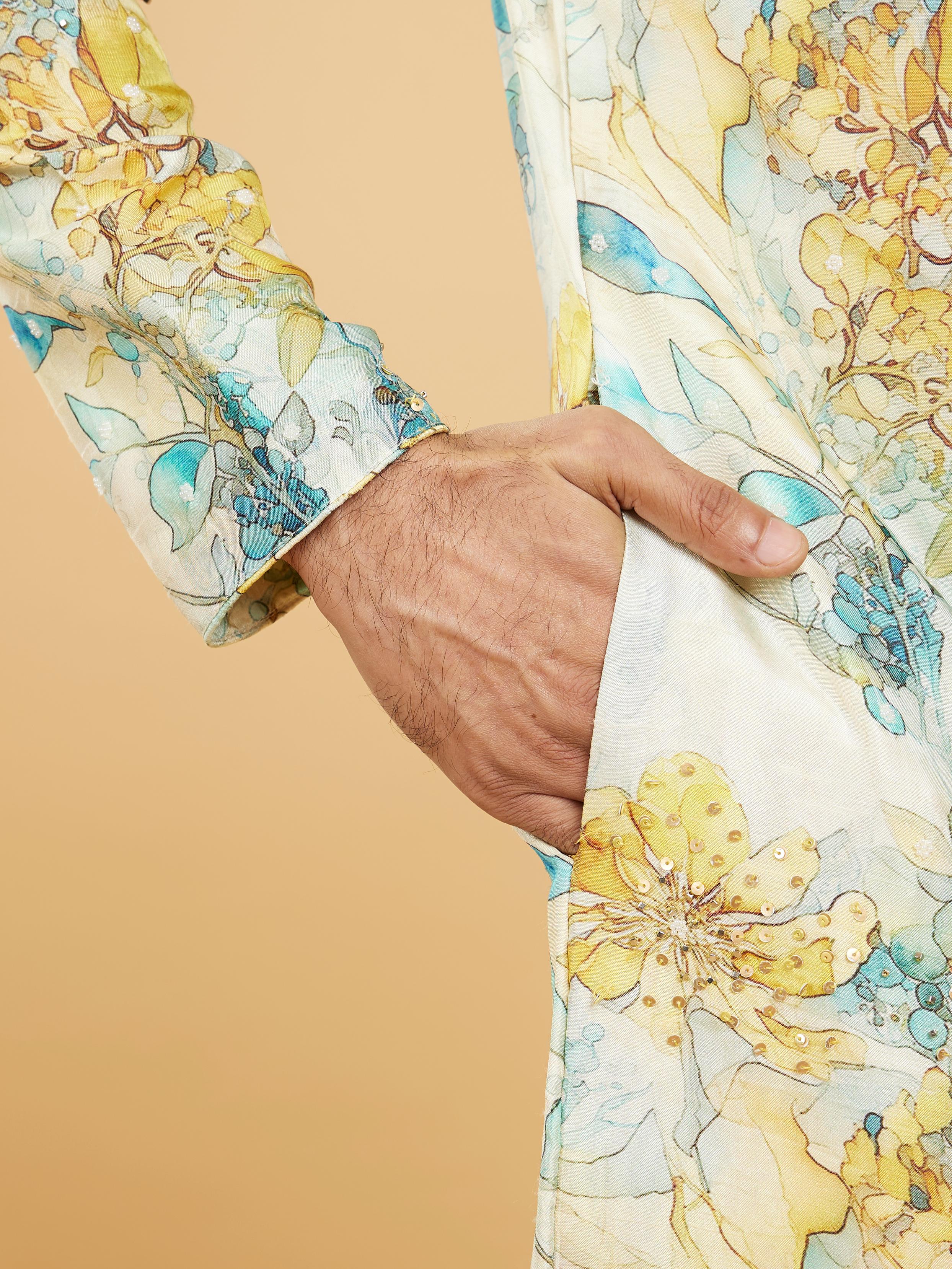 Twamev Men Turquoise Blue Yellow Kurta Pajama