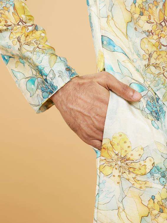 Twamev Men Turquoise Blue Yellow Kurta Pajama
