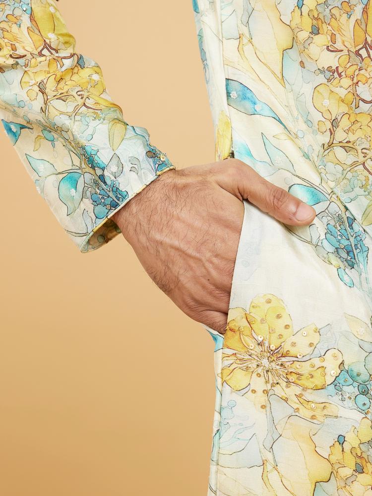 Twamev Men Turquoise Blue Yellow Kurta Pajama