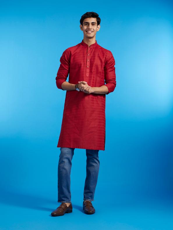 Diwas Men Maroon Red Lattice Patterned Kurta