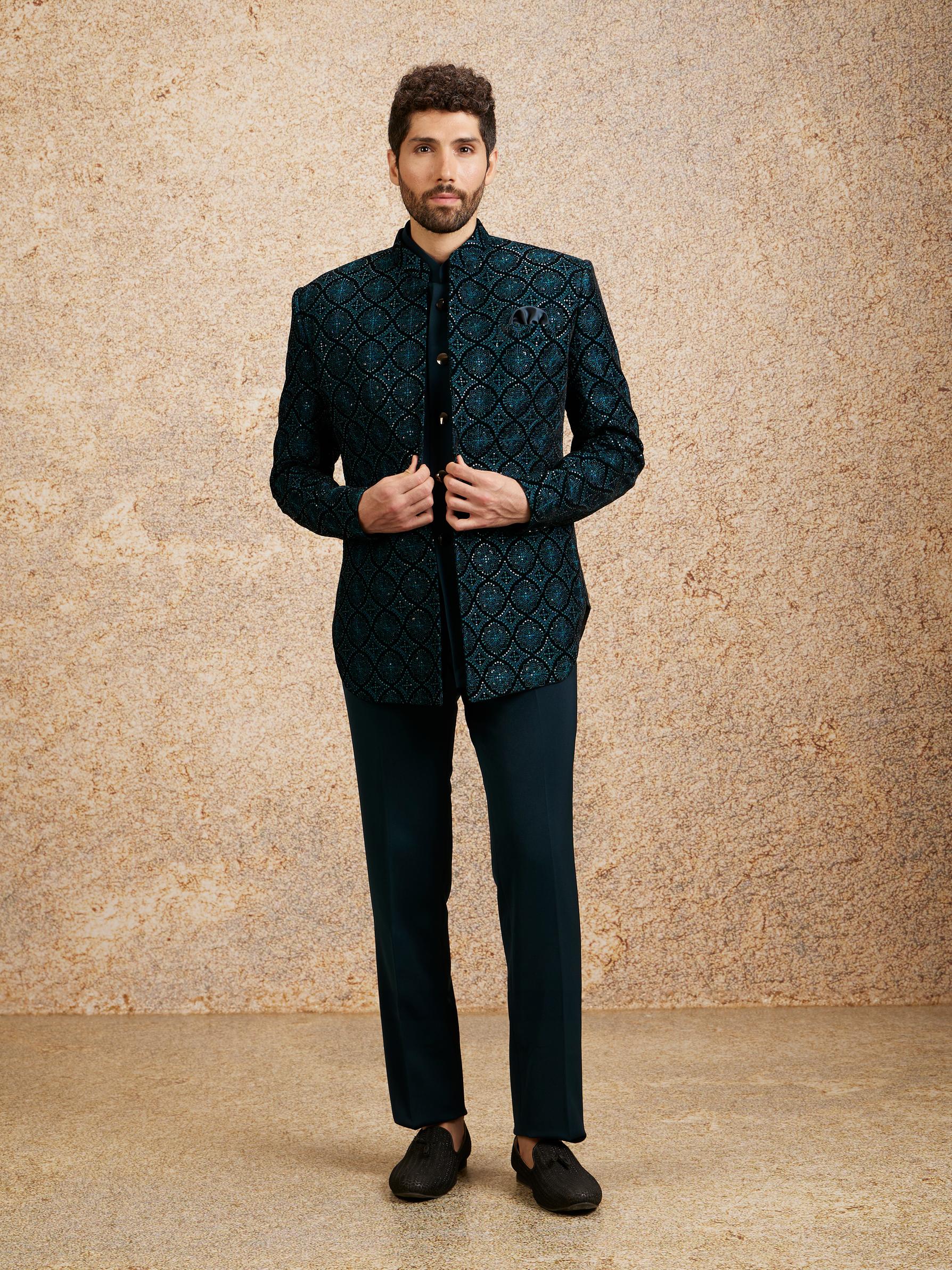 Twamev Men Turquoise Blue Extravaganza Indo Western