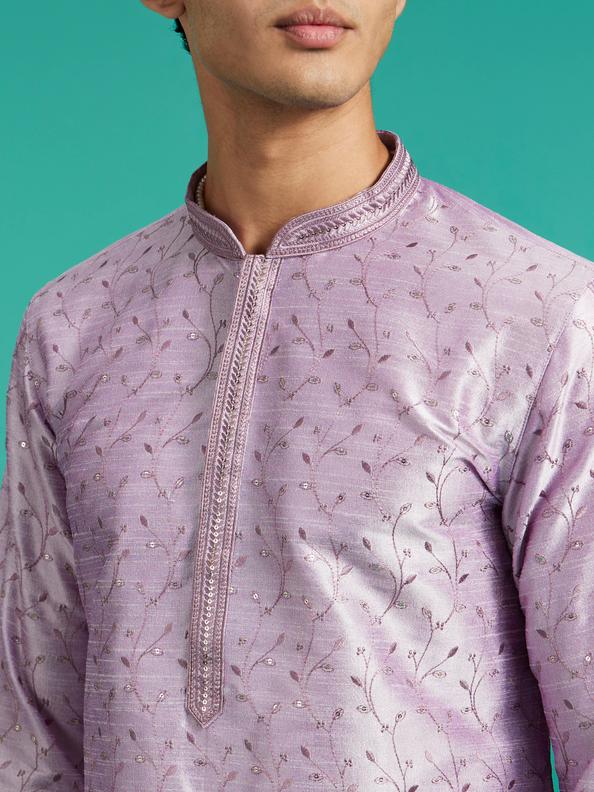 Diwas Men Soft Lilac Bel Embroidered Kurta with Rhinestone Work