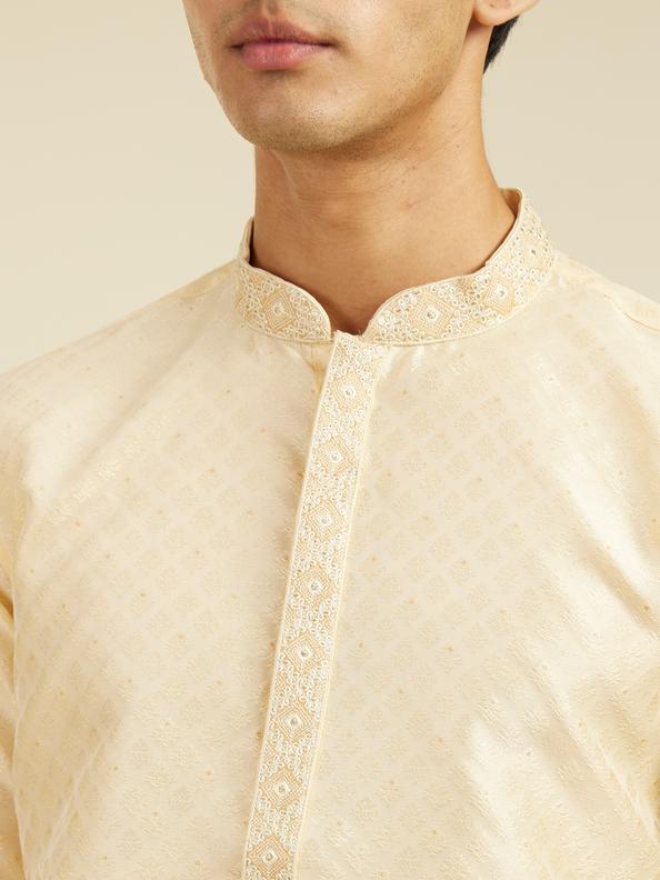 Diwas Men Sand Beige Grid Patterned Kurta with Embroidered Placket