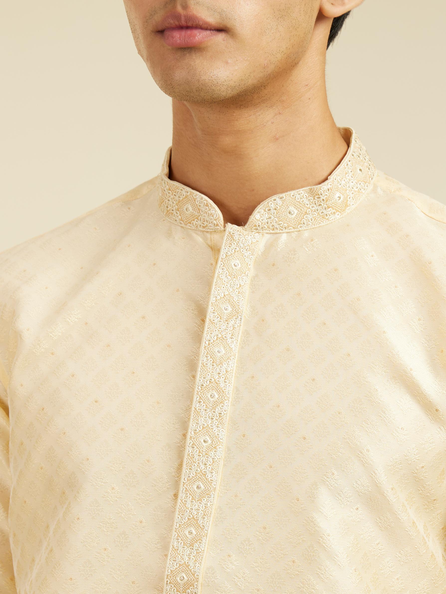 Diwas Men Sand Beige Grid Patterned Kurta with Embroidered Placket