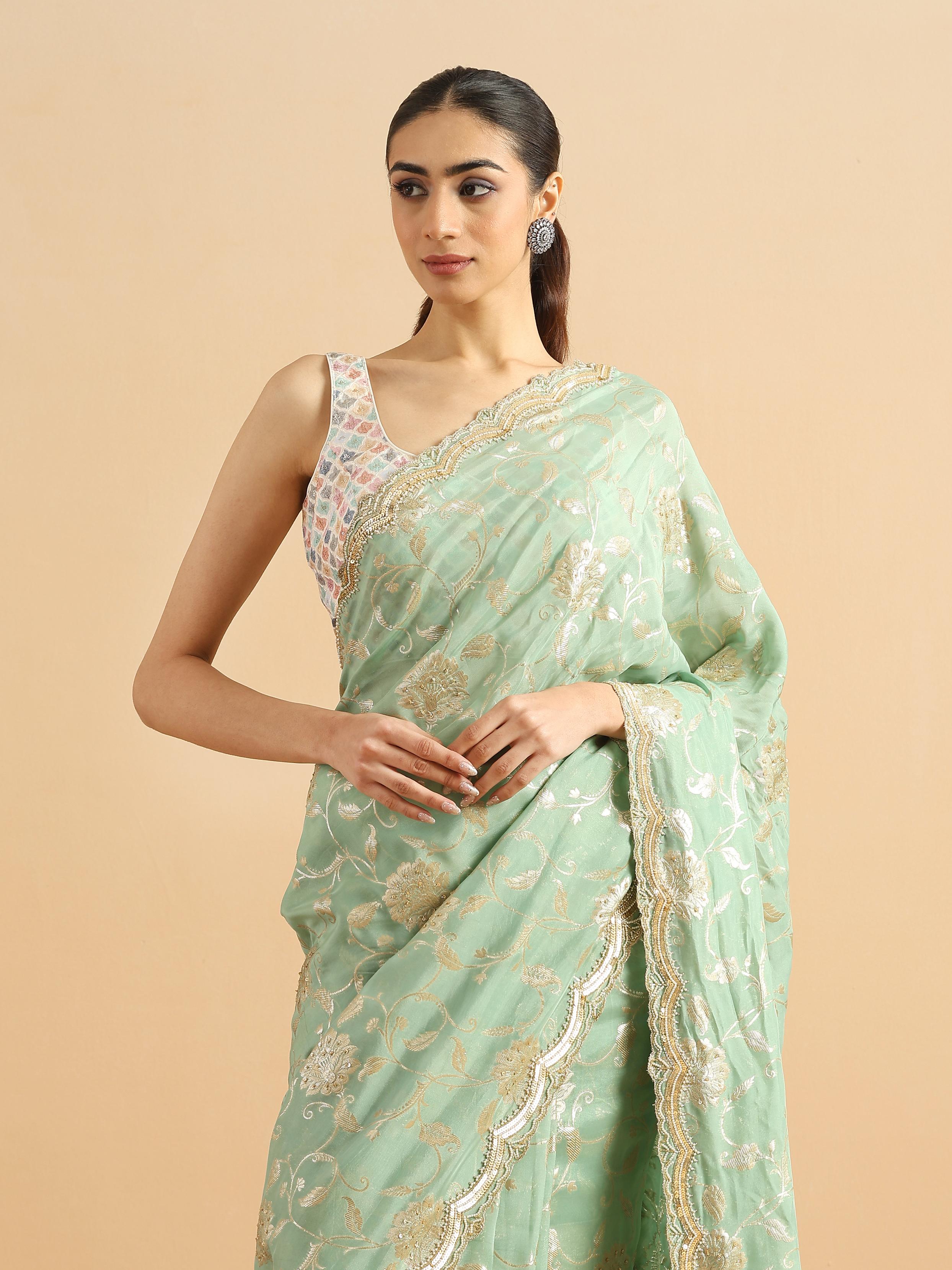 Twamev Women Whispering Pista Green Organza Saree