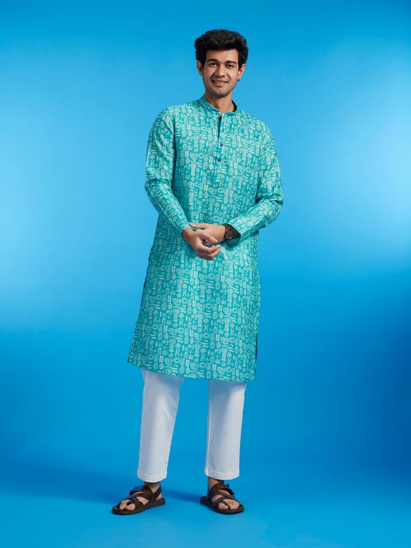 Diwas Men Turquoise Blue Aztec Print Kurta