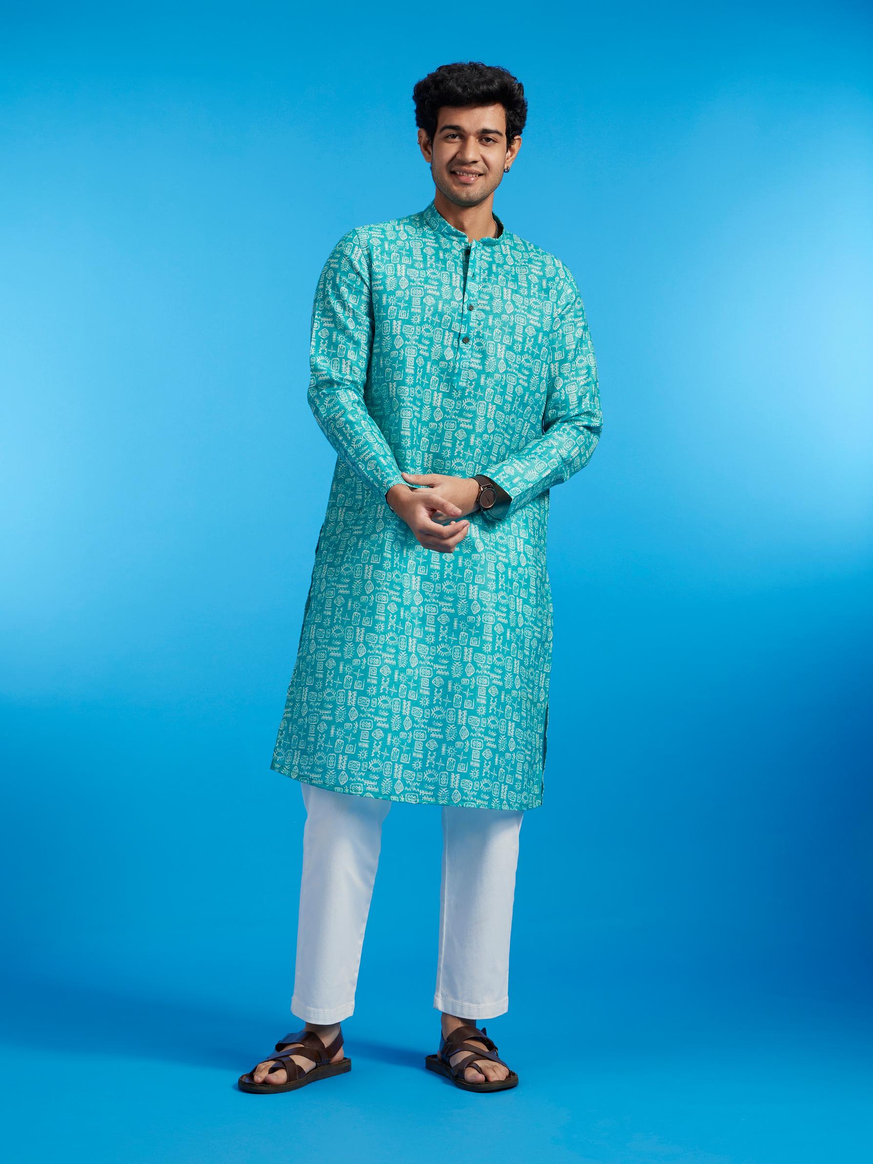 Diwas Men Turquoise Blue Aztec Print Kurta