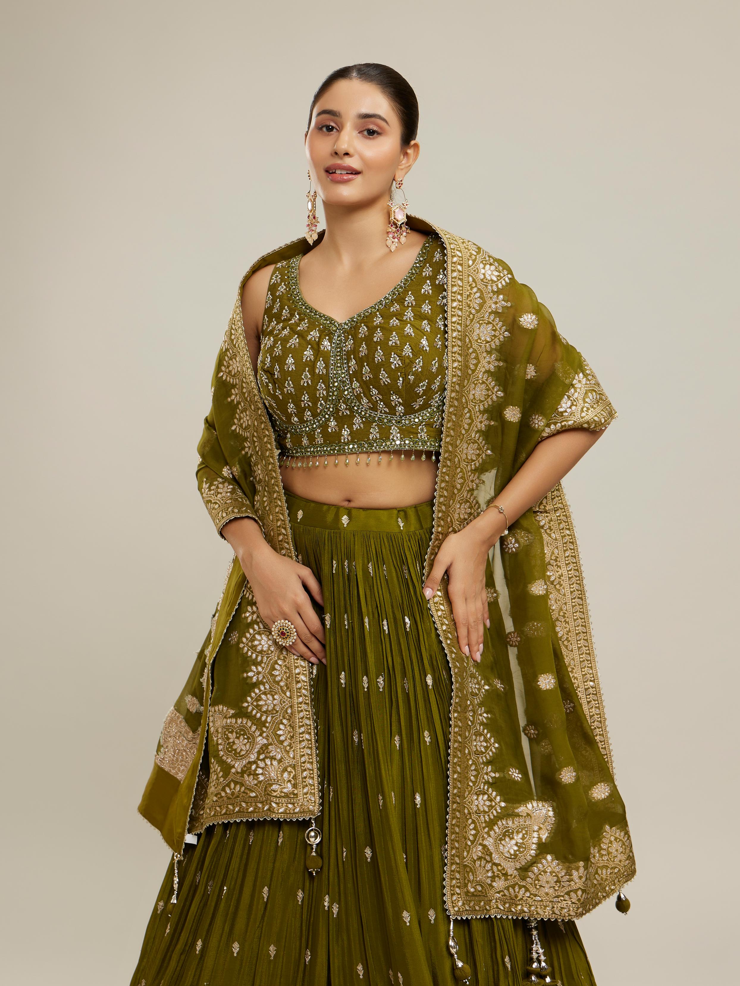 Twamev Women Majestic Mehandi Green Lehenga Set