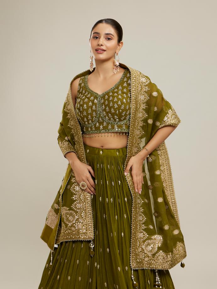 Twamev Women Majestic Mehandi Green Lehenga Set