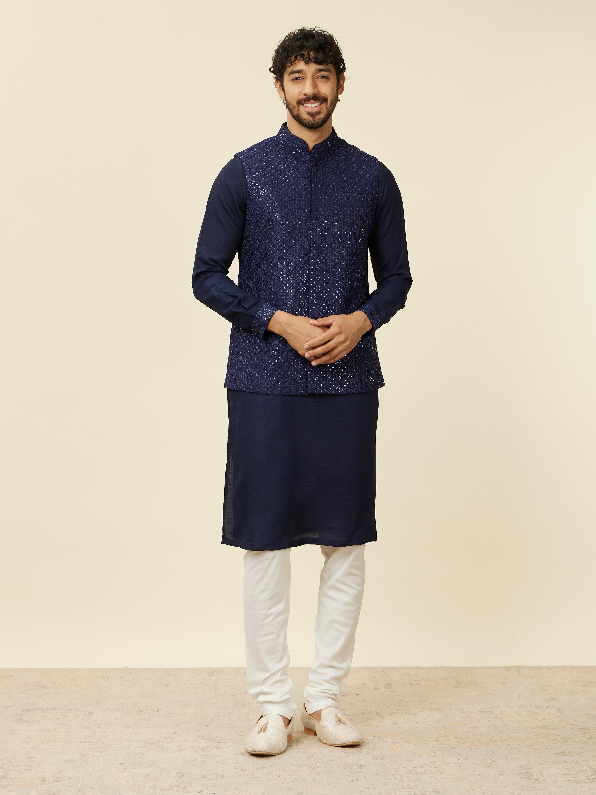 Twamev Men Dark Blue Mirror work Kurta Jacket Set