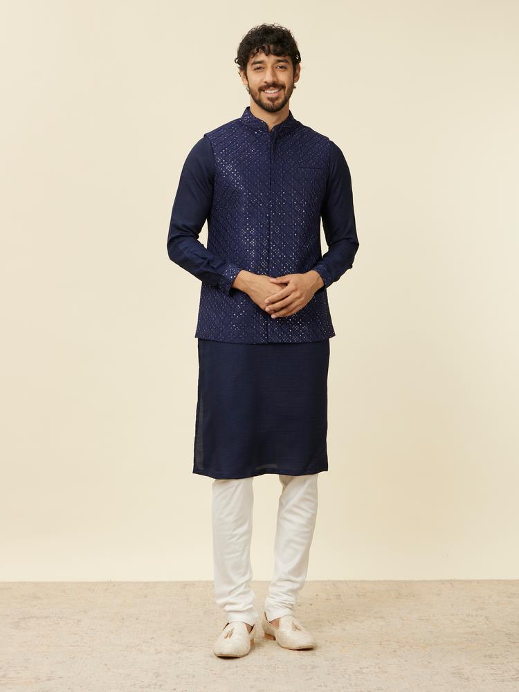Twamev Men Dark Blue Mirror work Kurta Jacket Set