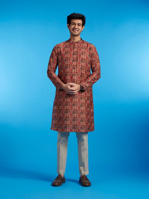 Diwas Men Rust Red Aztec Printed Kurta