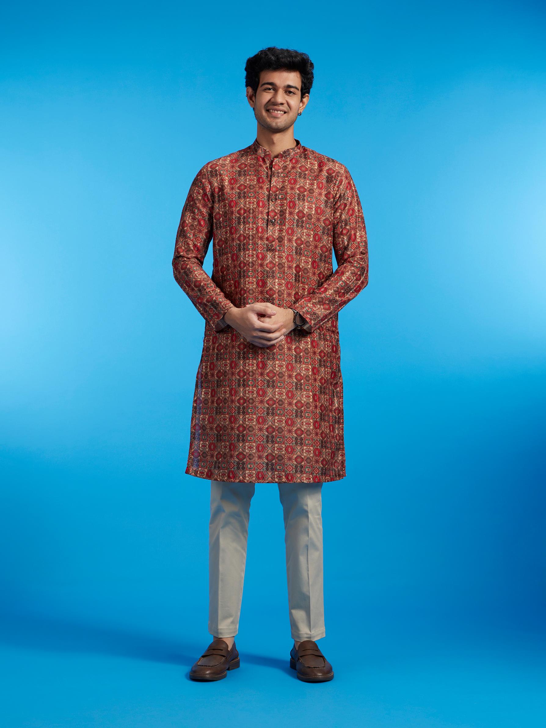 Diwas Men Rust Red Aztec Printed Kurta