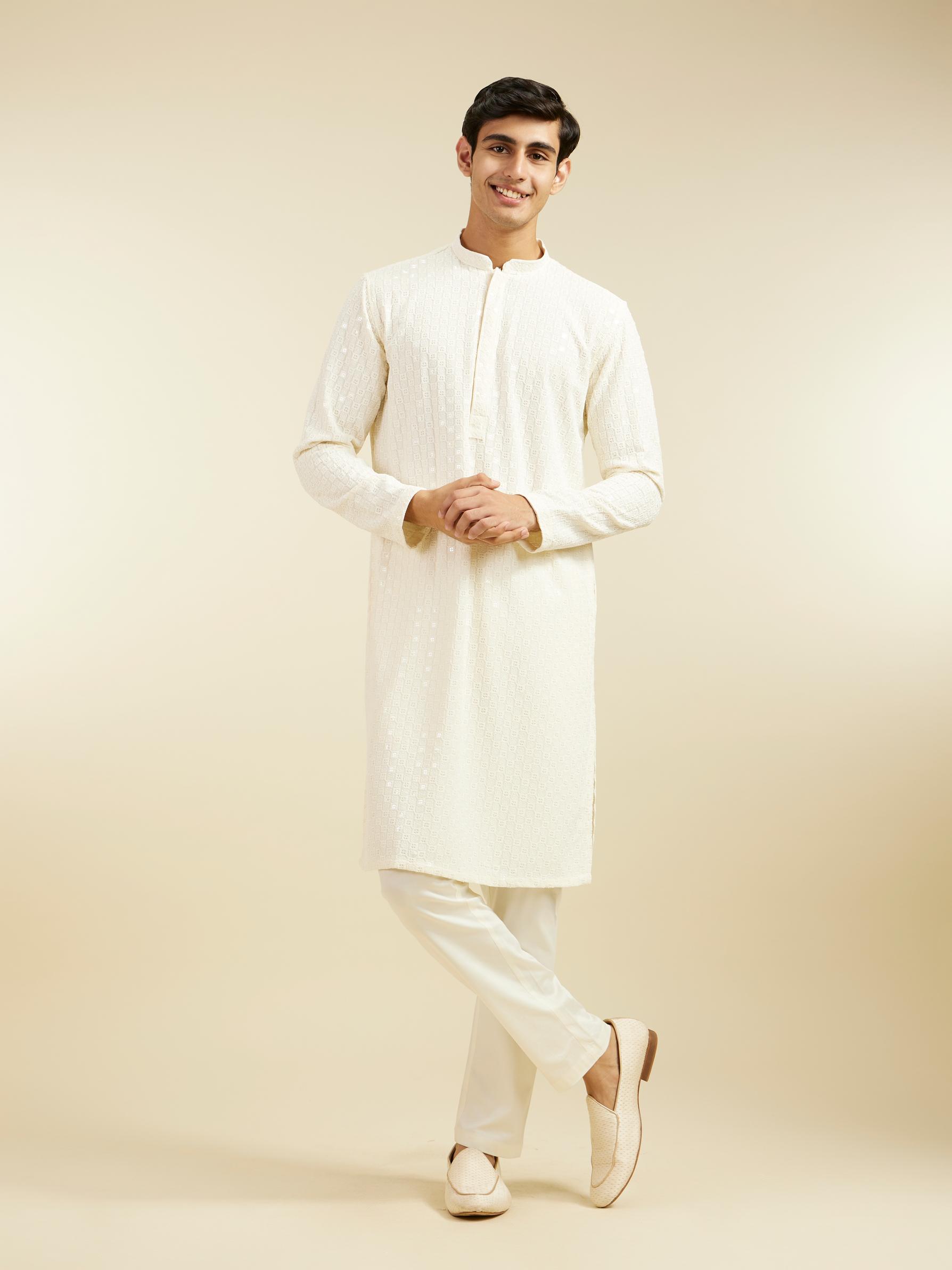 Diwas Men Ivory Cream Chikankari Sequinned Kurta