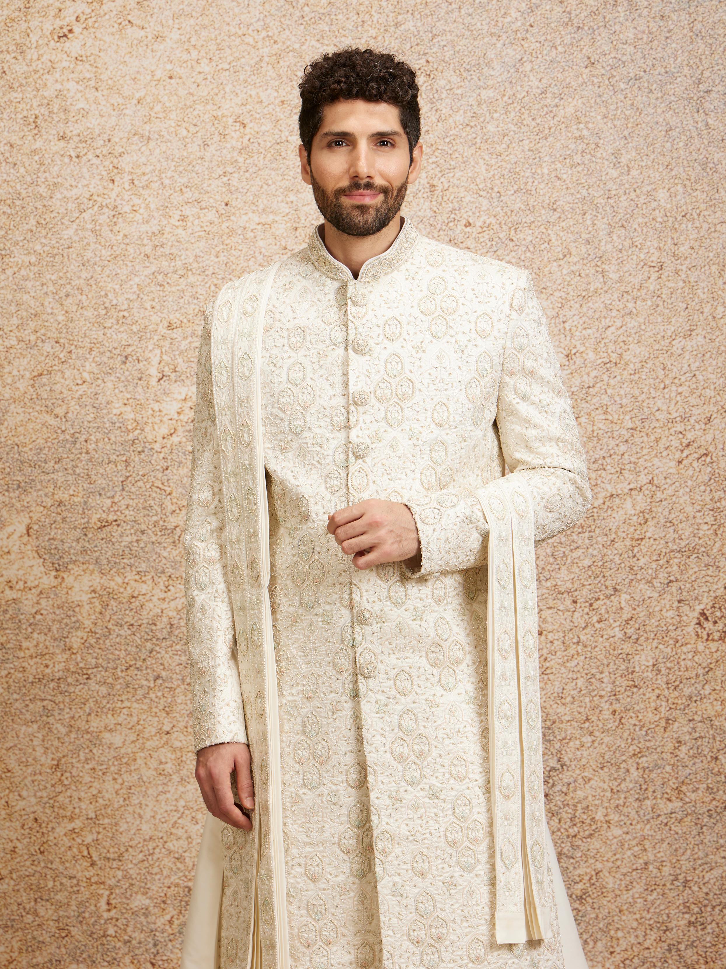 Twamev Men Regal Warm White Georgette Sherwani